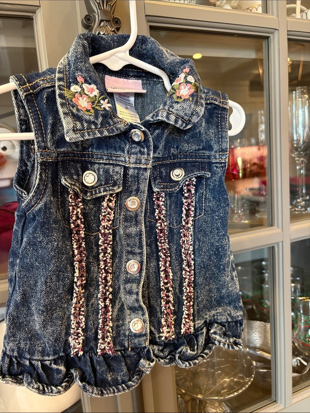 Little Lass Girls Dark Blue Denim Vest with Floral Embroidery